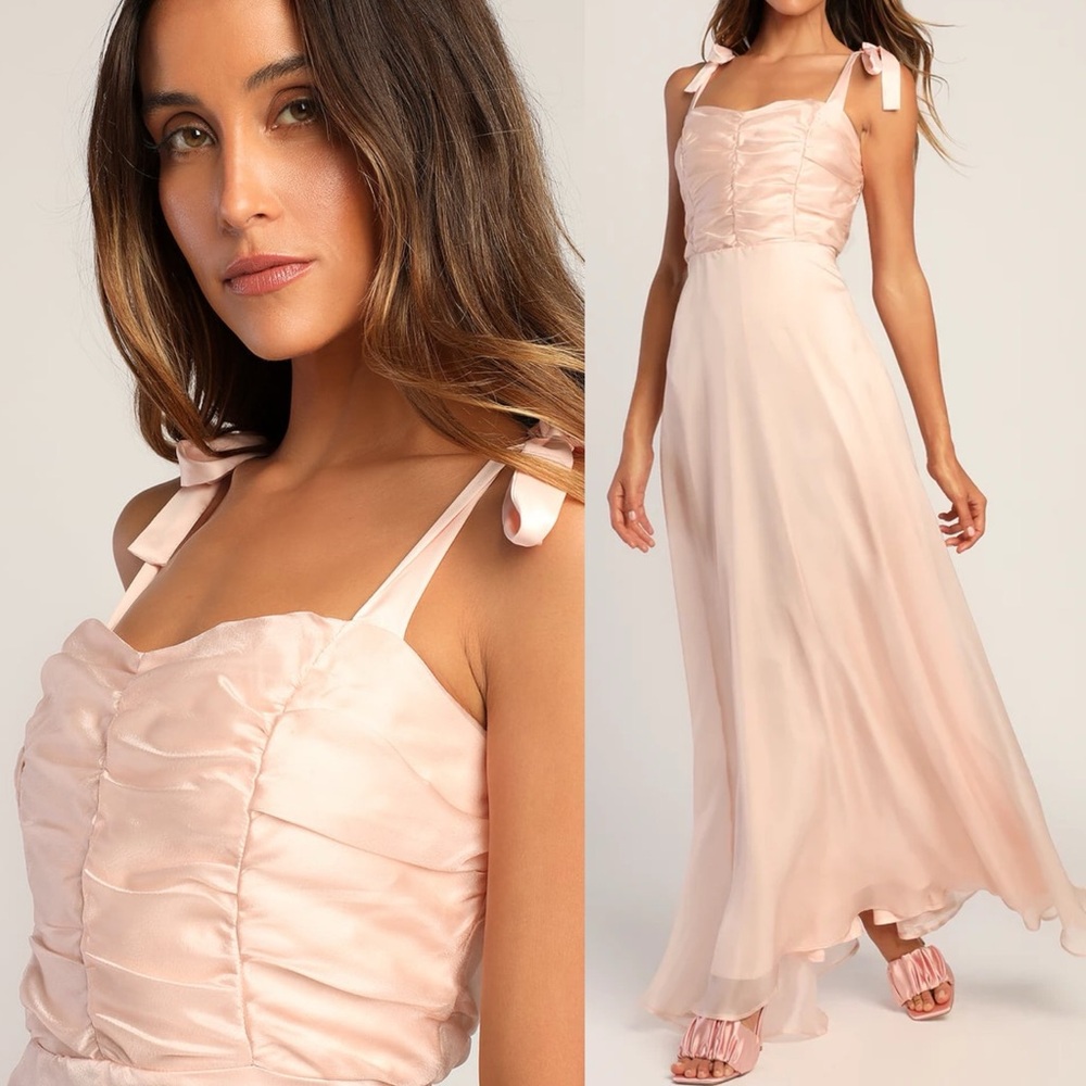 Lulus Best Memories Blush Pink Organza Tie Strap Maxi Dress Gown NEW Medium
